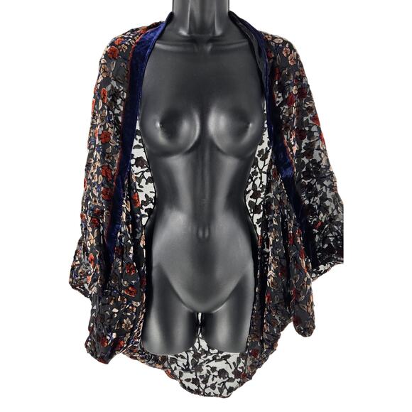 a new day Velvet Burnout Dark Fall Floral One Size Fits All Kimono Boho Romantic - Picture 1 of 5